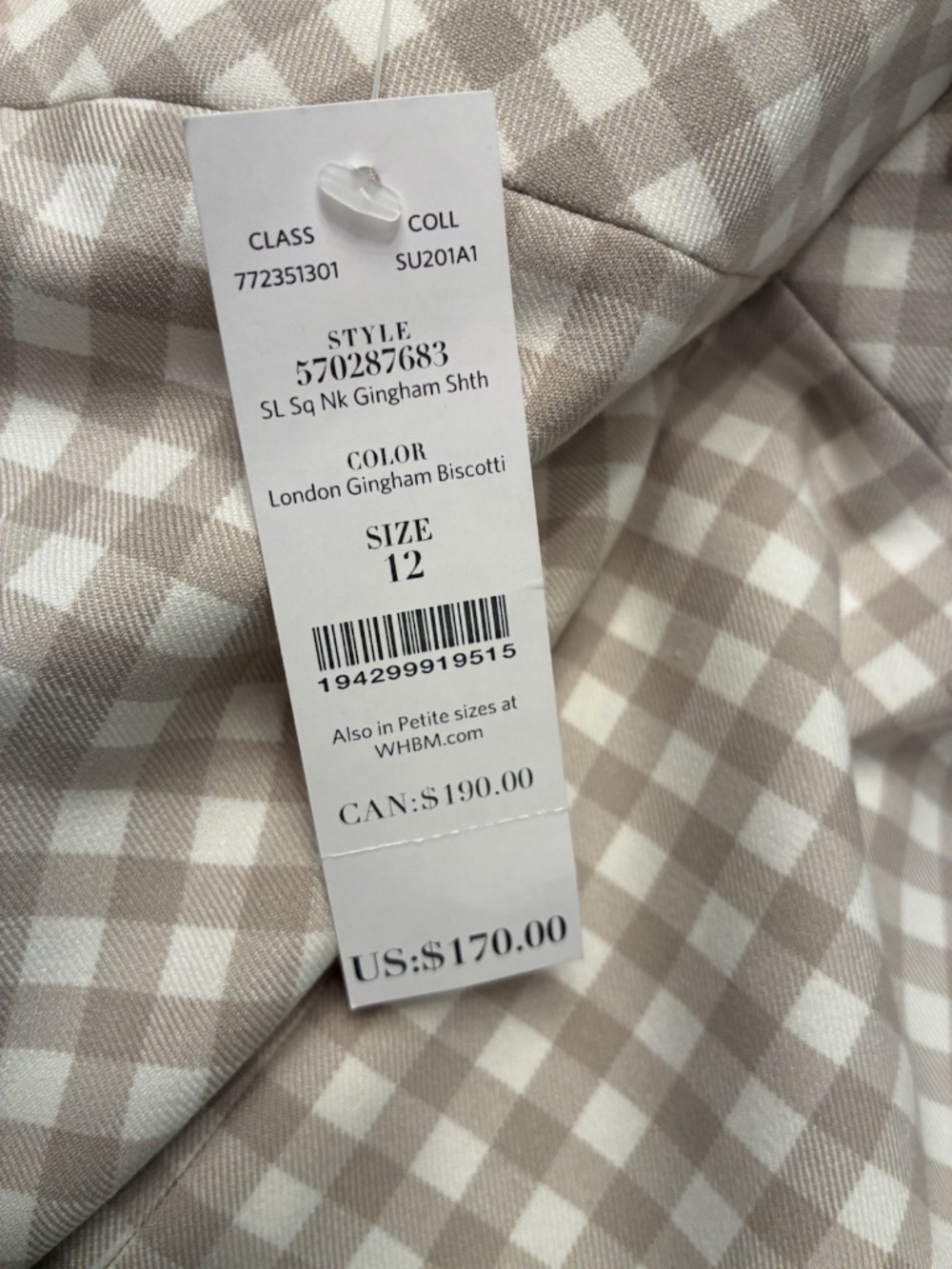 NWT $170 White House Black Market Gingham Biscotti Dress Sz 12 WHBM beige/ white - Picture 3 of 9